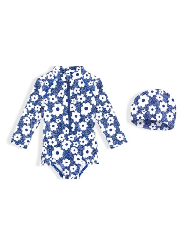 Little Girl Flower Pattern Long Sleeve Swimwear And Hat