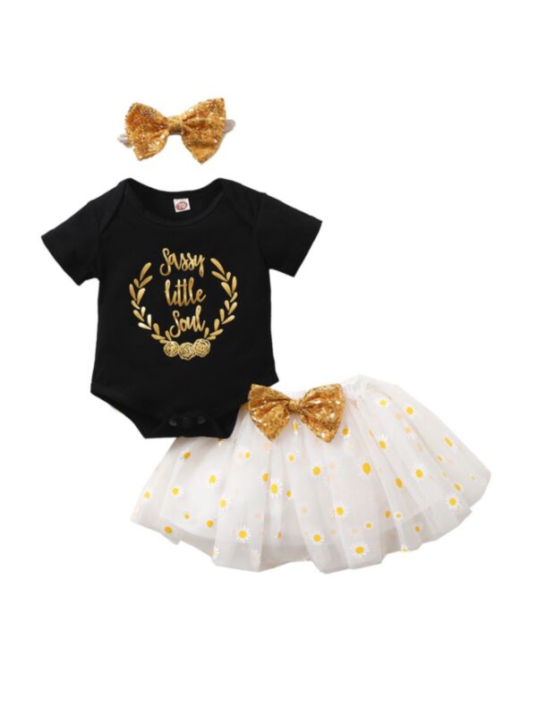 3 Pcs Baby Girl Letter Print Onesie Daisy Flower Mesh Skirt Sequins Headband Set