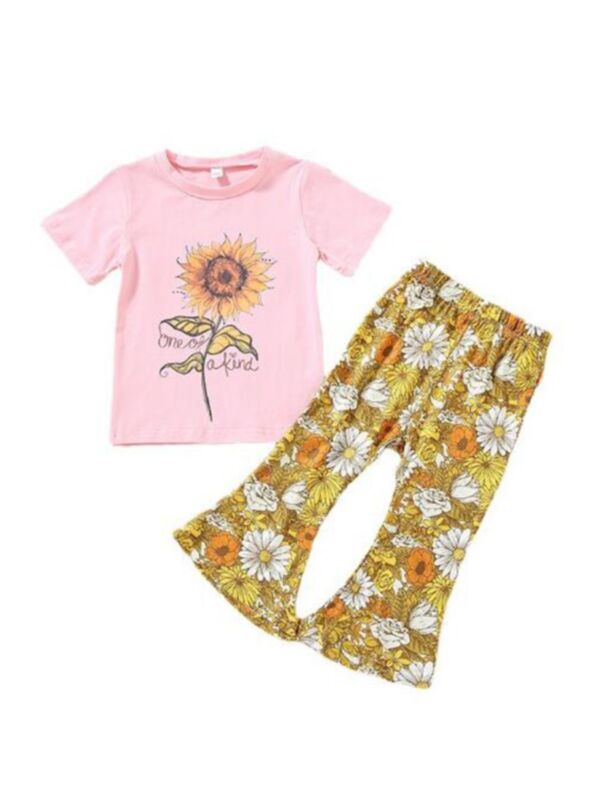 2 Pieces Girl Set Sunflower Graphic T-shirt And Flared Pants