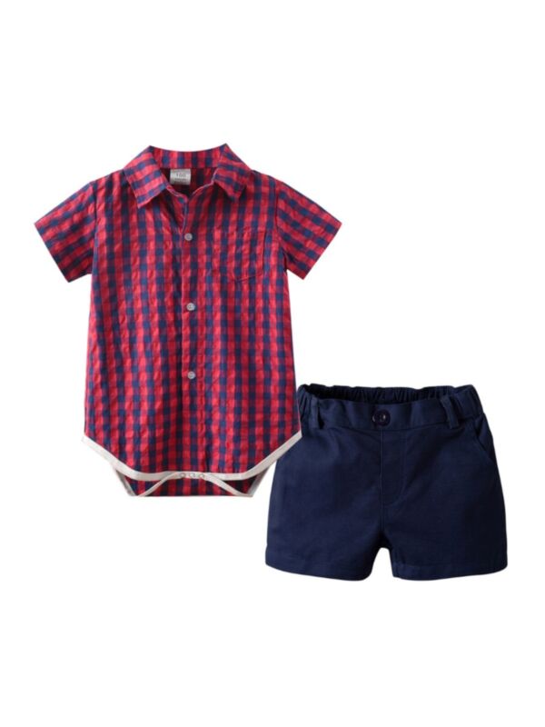 Two-Piece Baby Boy Checked Pattern Shirt Bodysuit With Shorts Outfit