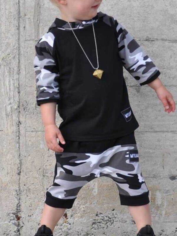 Two Pieces Kid Boy Camo Half Sleeve Hooded Top With Shorts Set