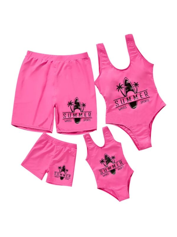 Family Matching Summer Waves Sports Print Swimsuit In Pink