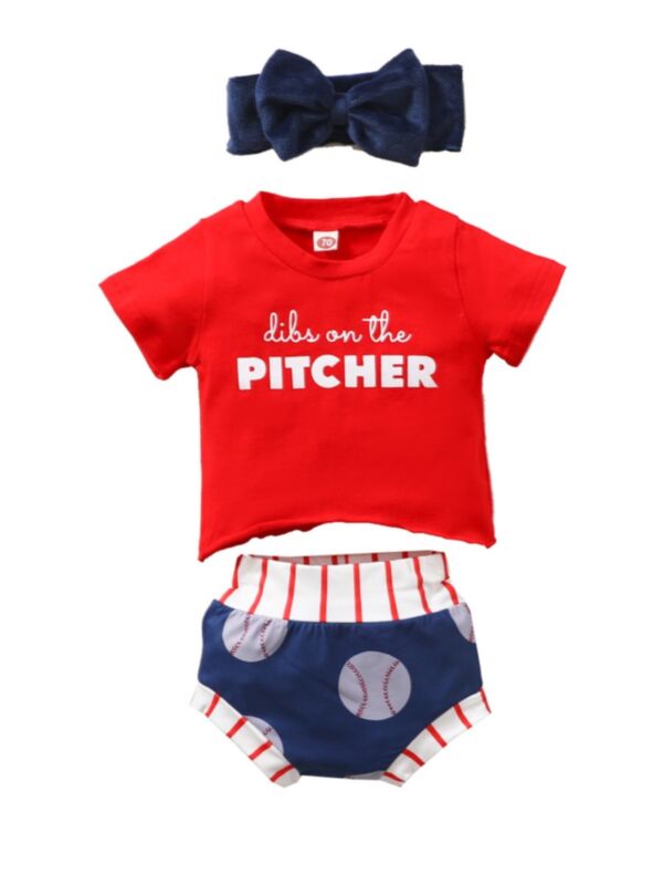 3-Piece Baby Girl Letter Top Matching Baseball Tie Dye Shorts Headband Set