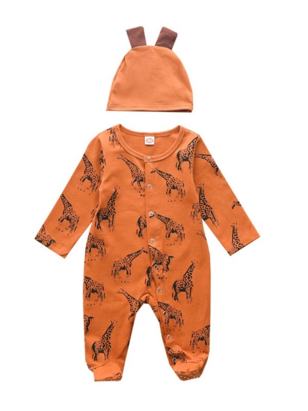 Two Pieces Infant Giraffe Print Footie Jumpsuit With Hat