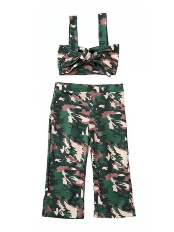 Two-Piece Girl Camo Outfit Knotted Cami Top And Pants