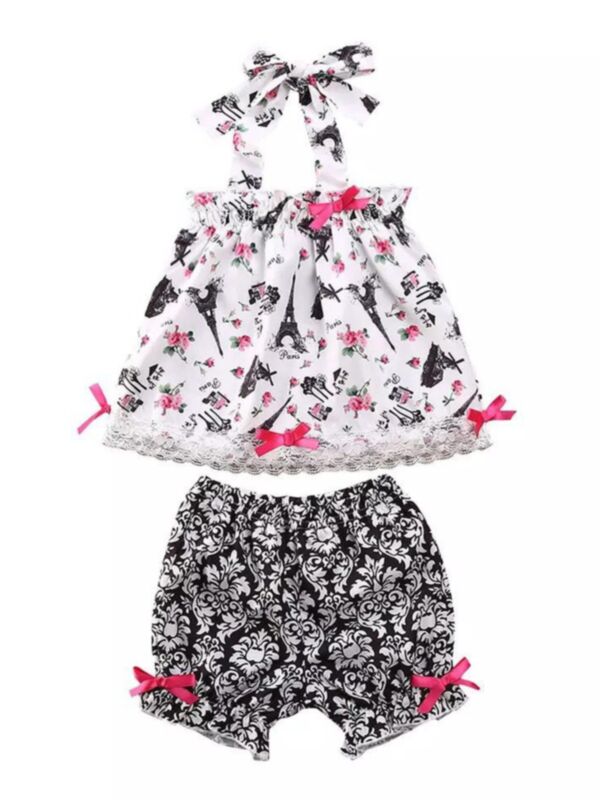 Two-Piece Little Girl Set Flower Tower Pattern Halter Neck Neck Top And Shorts 