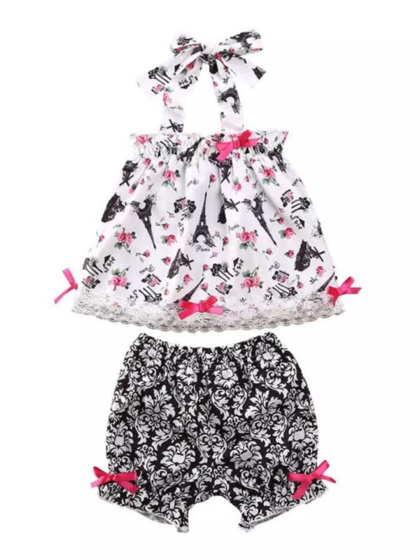 Two-Piece Little Girl Set Flower Tower Pattern Halter Neck Neck Top And Shorts
