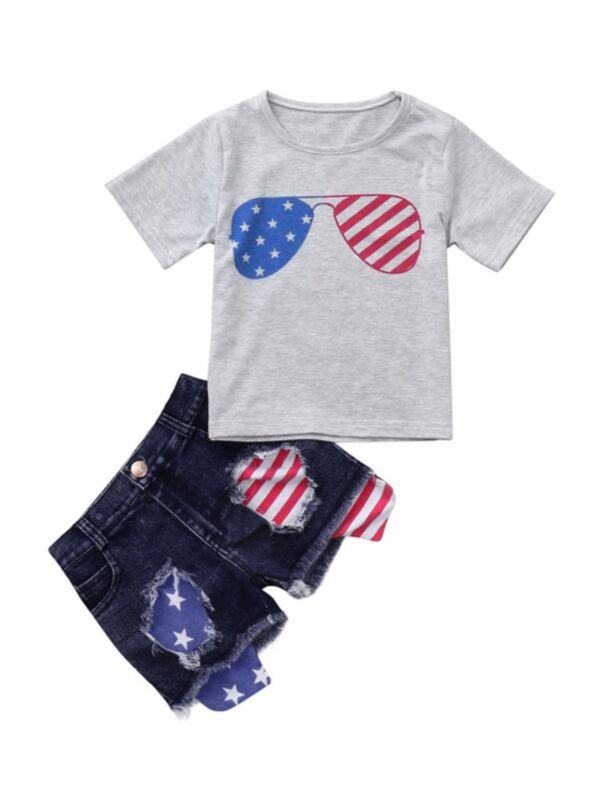 Two Pieces Girl Outfit Star Stripe Glasses Print Tee With Fringe Hem Denim Shorts