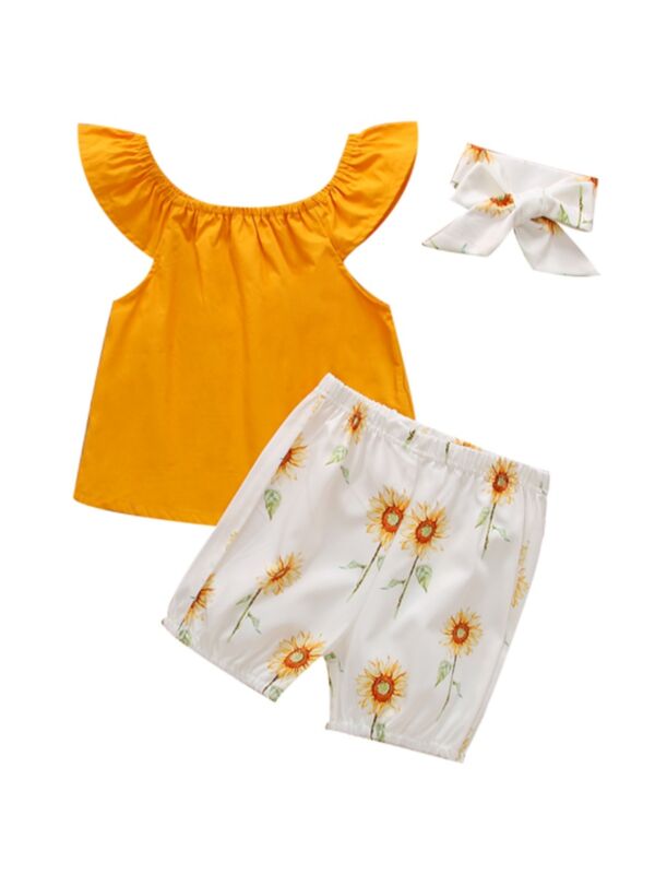 3 PCS Off Shoulder Top Sunflower Graphic Shorts Headband For Little Girl