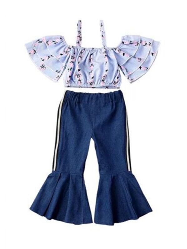 2-Piece Floral Stripe Ruffled Off Shoulder Top Matching Flared Pants Girl Set