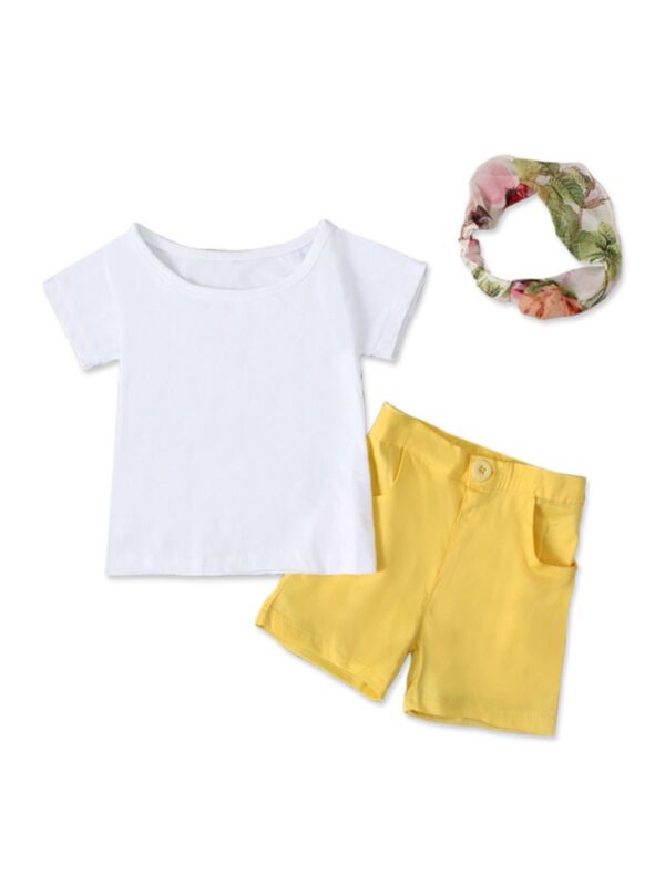 3-Piece Girl Set Solid Color T-shirt Shorts Headband