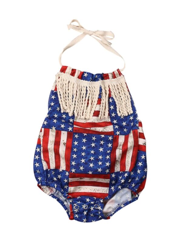 Baby Girl Independence Day  Halter Neck Tassel Stripe Star Pattern Bodysuit