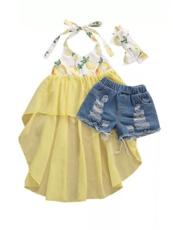 Three-Piece Girl Set Fruit Print Hi-Lo Halter Neck Top With Ripped Denim Shorts Headband