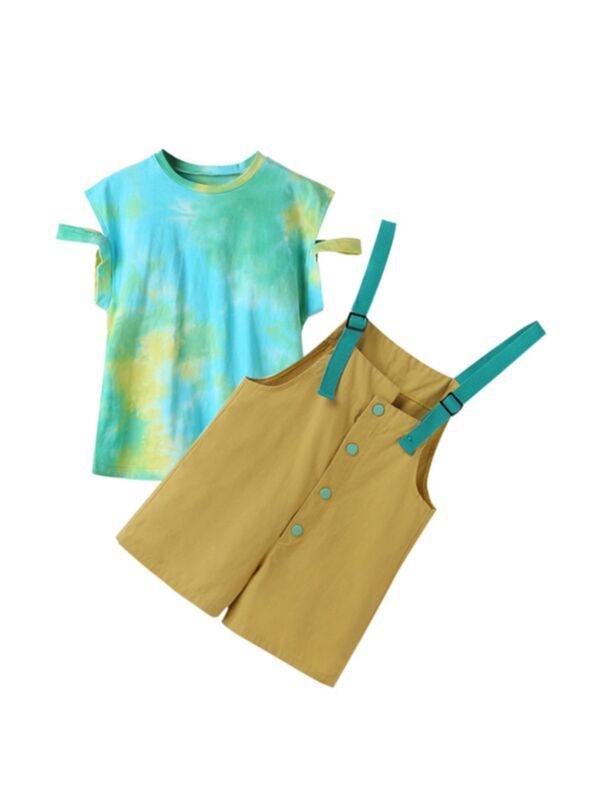 Two Pieces Girl Cold Shoulder Tie Dye Top Matching Suspender Shorts Outfit