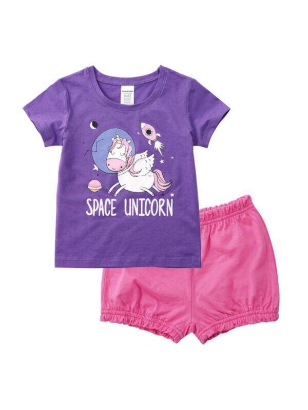 2-Piece Letter Unicorn Graphic Girl Set T-shirts With Shorts