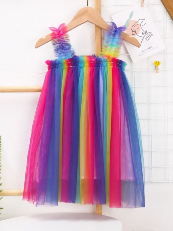 Kid Girl Sequins Rainbow Mesh Sling Dress Big Girl  Clothing