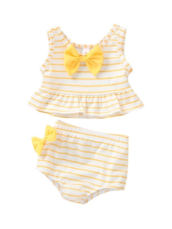 2 PCS Baby Toddler Girl Bow Decor Stripe Tank Top Matching Shorts Bathing Suit 