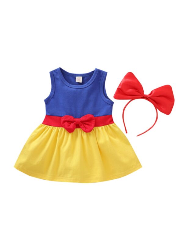 2 Pieces Little Girl Bowknot Front Hit Color Tank Dress With Headband