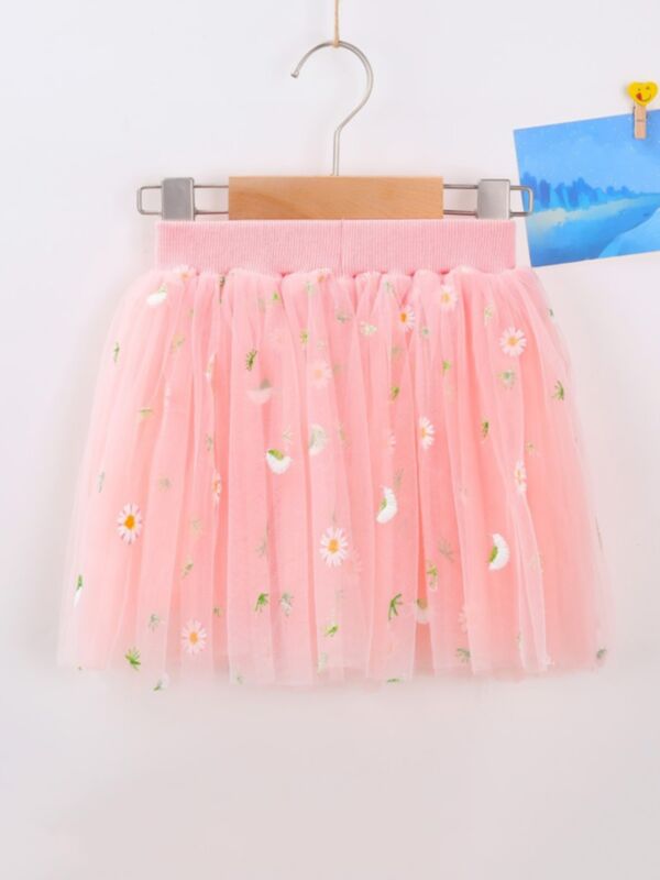 Kid Girl Embroidery Daisy Flower Mesh Skirt 