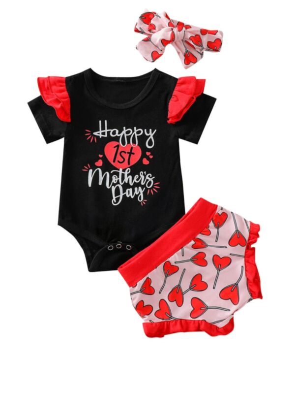 3 Pieces Baby Girl Happy 1st Mother's Day Print Bodysuit & Shorts & Headband Set 