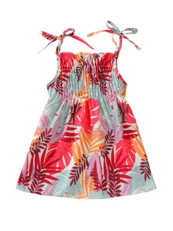 Self Tie Leaves Print Shirred Cami Dress For Little Girl
