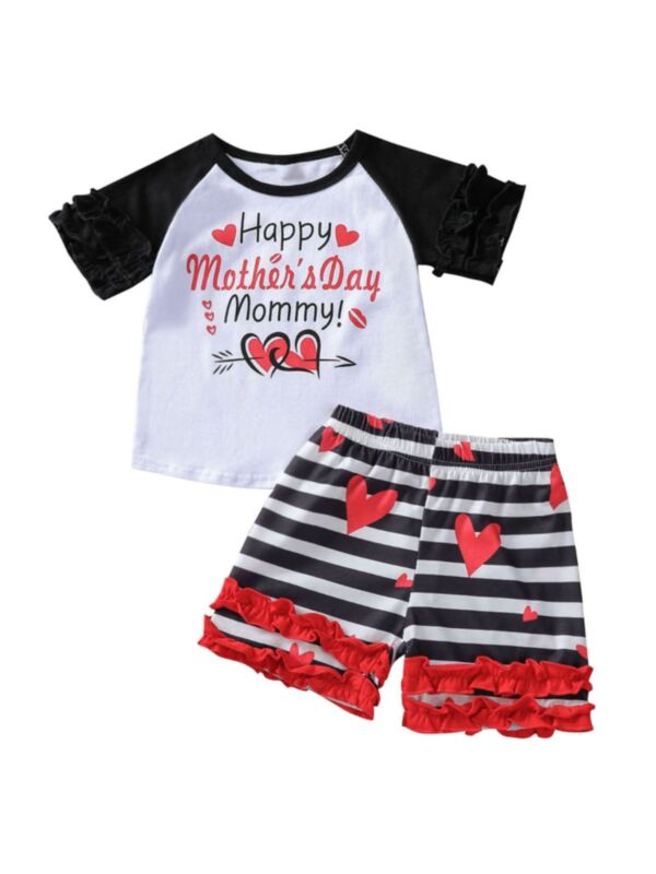 2 Pcs Girl Set Happy Mother's Day  Top Matching Stripe Love Heart Shorts Set