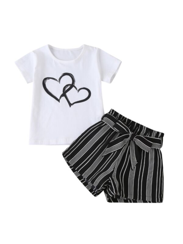 2-Piece Love Heart Graphic Tee And Stripe Belted Shorts Girl Set