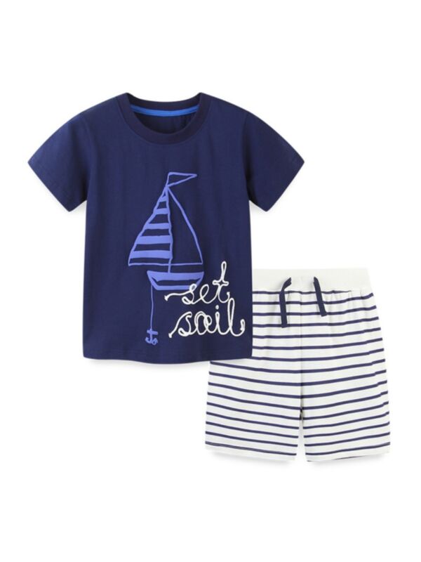 6-Pack Sailboat Pattern Tee And Striped Shorts Outfit