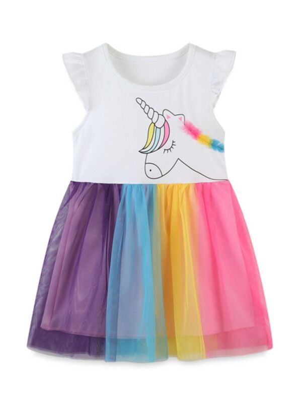 6 Packs Kid Girl Unicorn Print Rainbow Mesh Dress