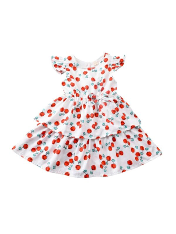 Kid Girl Ruffe Sleeve Lemon Cherry Print Tiered Layered Bow Dress