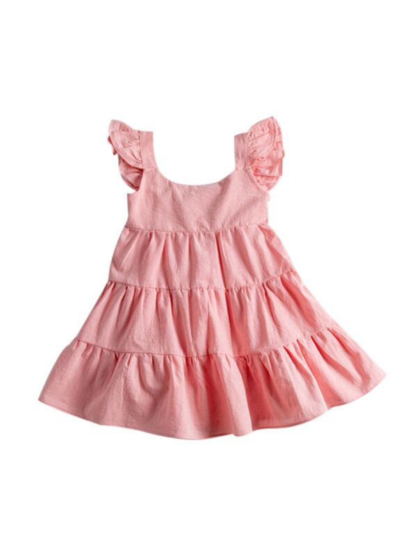 Kid Girl Ruffle Trim Plain Flutter Sleeve Dress