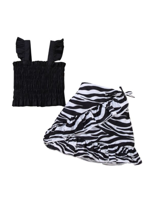 2-Piece Girl Outfit Shirred Cami Top Matching Zebra Pattern Skirt