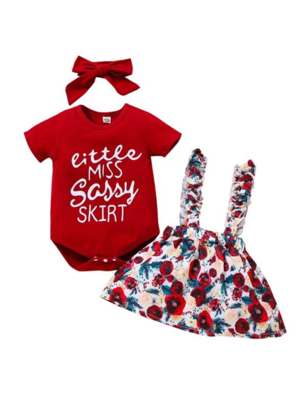 3-Piece Little Miss Sassy Skirt Print Bodysuit Flower Suspender Skirt Headband Set