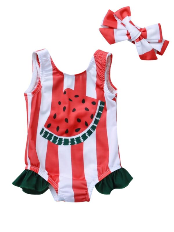 2 Pieces Little Girl Watermelon Print Stripe Swimsuit And Headband