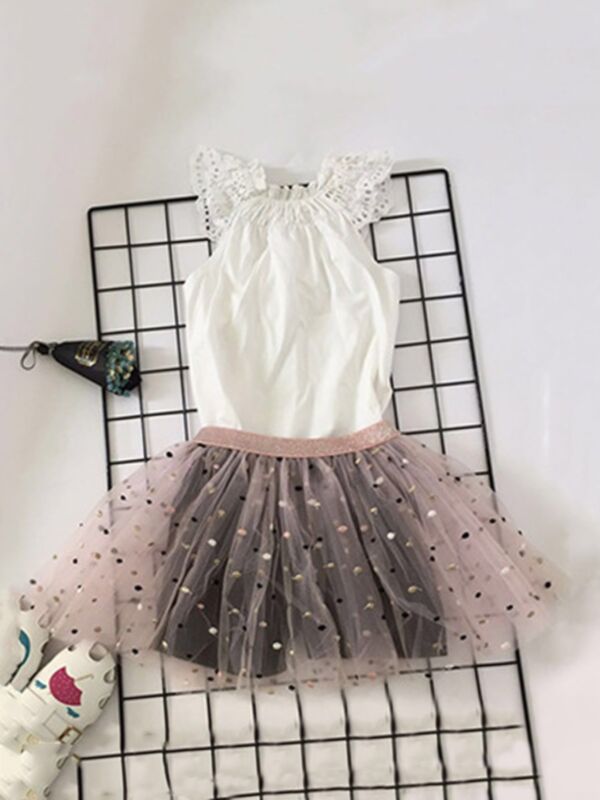 Two Pieces Kid Girl Plain Top With Mesh Skirt Shorts Set 