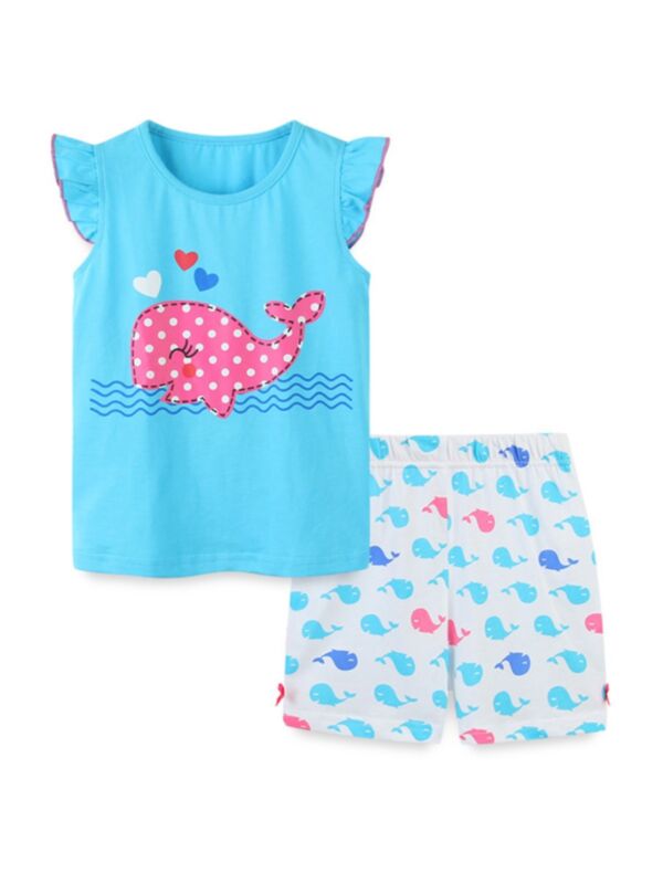 6 Packs Kid Girl Dolphin Print Top With Shorts Set