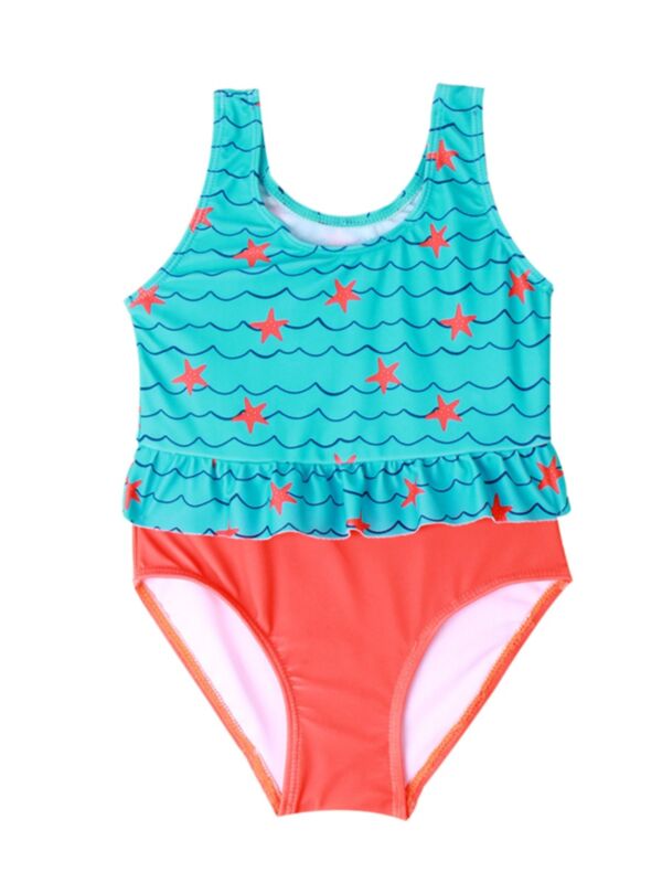 Little Big Girl Starfish Wave Print Swimsuit