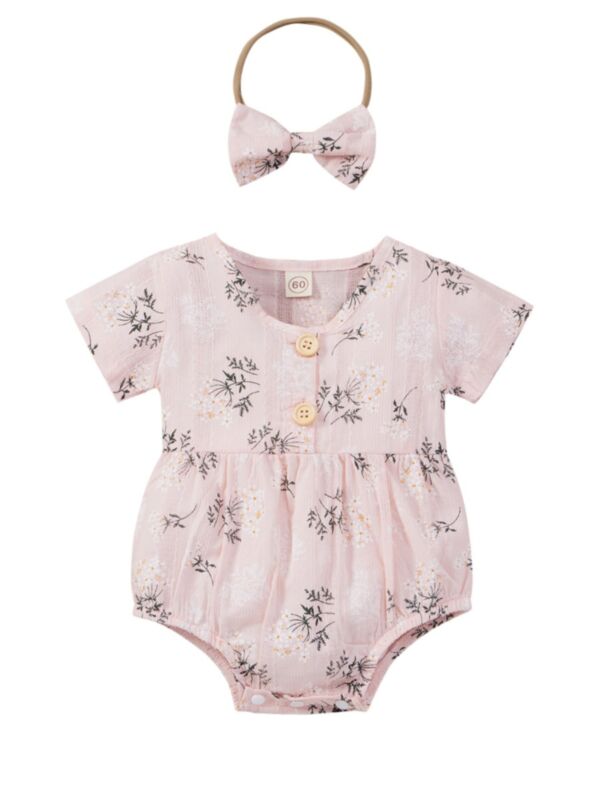 2 Pieces Infant Girl Floral Button Decor Bodysuit And Headband