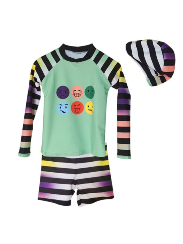 2 Pieces Little Big Boy Swimwear Set Expression Stripe Top And Shorts