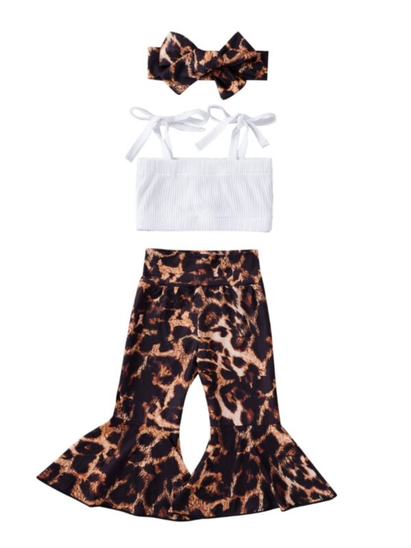 3 Pieces Baby Girl Knotted Cube Top & Leopard Bell Pants & Headband Set