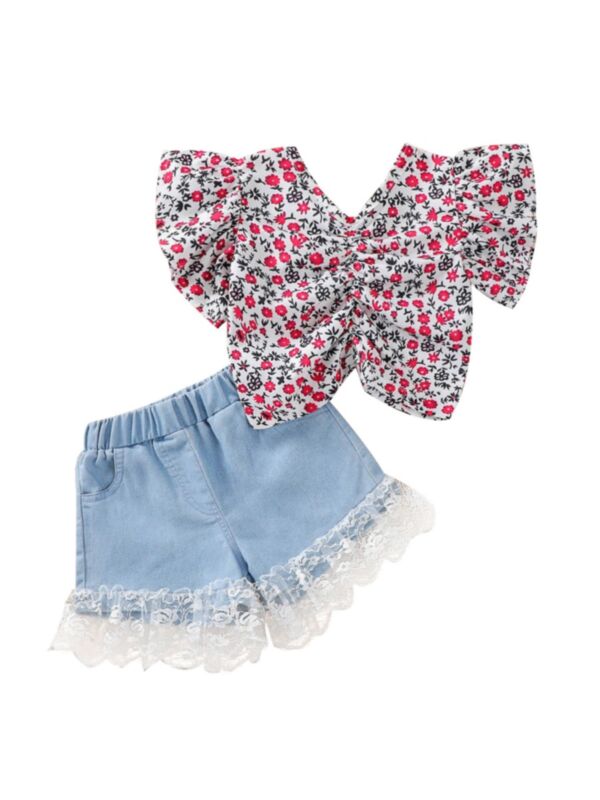 2 Pieces Kid Girl Allover Floral Print Top With Lace Decor Denim Shorts Set