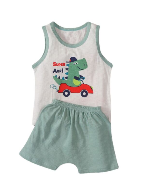 2 Pieces Baby Boy Dinosaur & Car Print Tank Top With Shorts Set