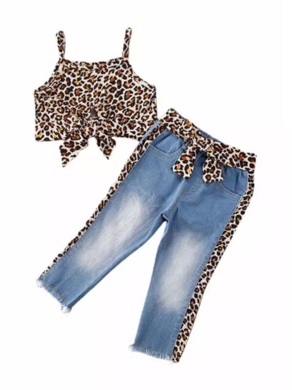 2 Pieces Kid Girl Leopard Knotted Hem Cami Crop Top And Jeans Set