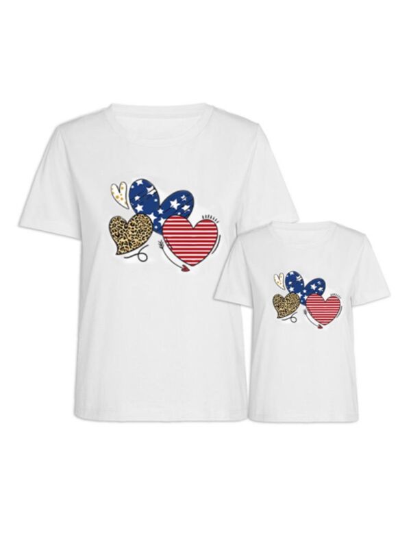 Mom And Me Love Heart  Print Independence Day T-shirt