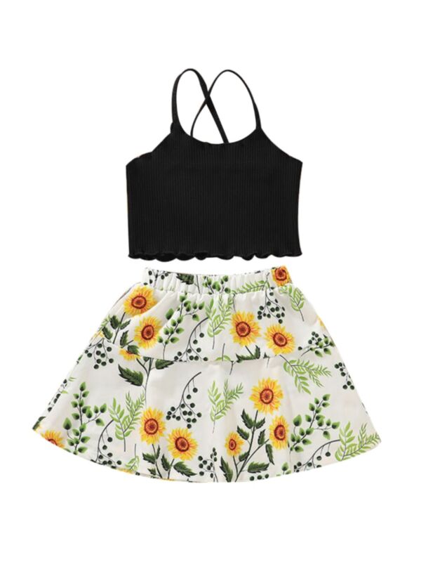 2 Pieces Kid Girl Rib-knit Cami Cropped Top And Floral Print Skirt Set