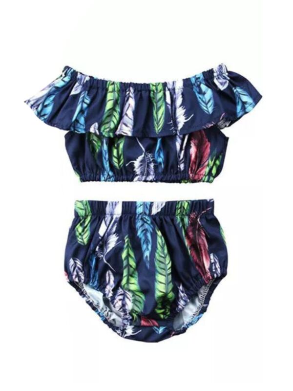 2 Pieces Kid Girl Allover Leather Print Off Shoulder Top With Shorts Set