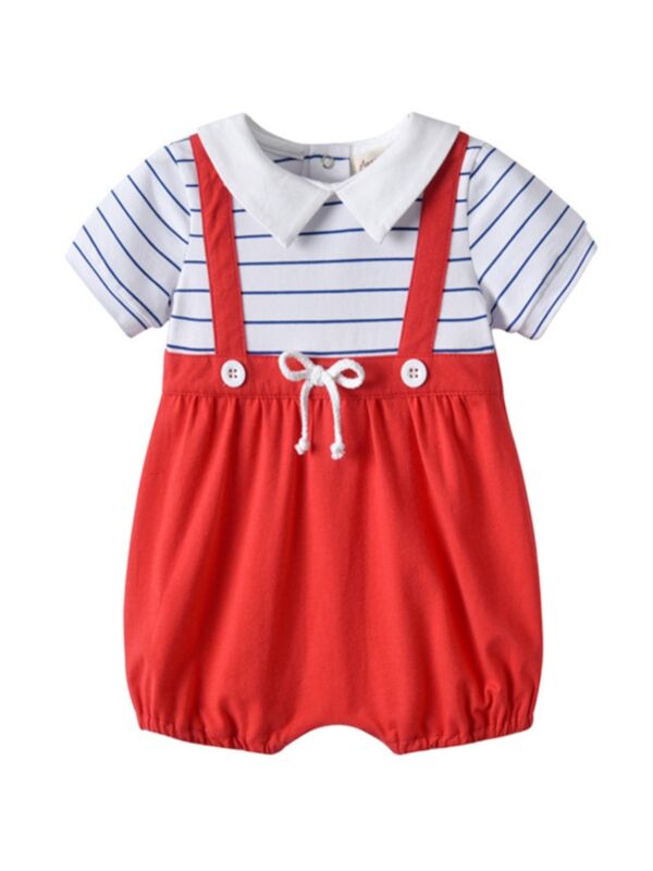 Baby Boy Fake Two Pieces Contrast Collar Stripe Romper