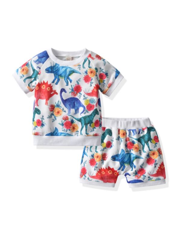2 Pcs Kid Boy Dinosaur Casual Set Tee Matching Shorts 