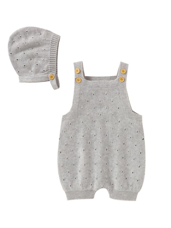 Baby Hollow Out Plain Knitted Overall Romper With Hat