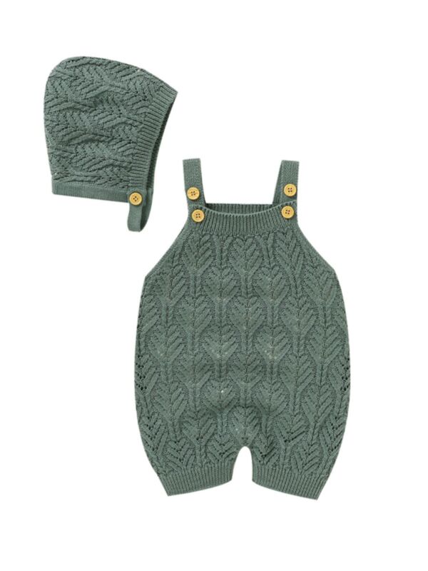 Baby Pure Color Knit Overall Romper With Hat